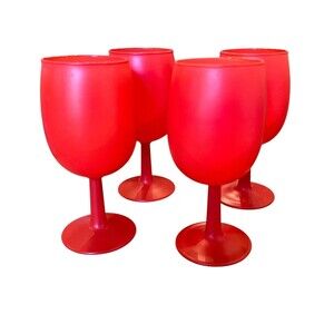 Vintage MCM Set 4 Rainbow Glass Co Matte Coral-Red Stemmed Goblet Wine Glasses